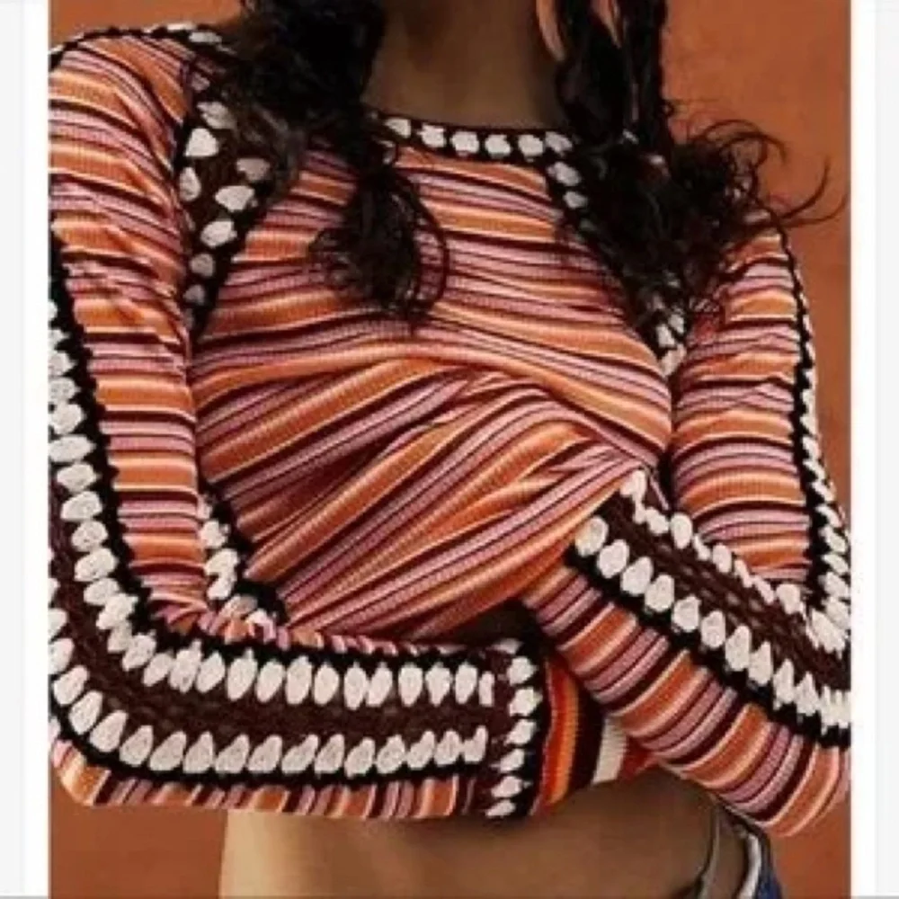 Free People Sunny Day Cuff Waffle Blouse With Crochet - Picture 2 of 9